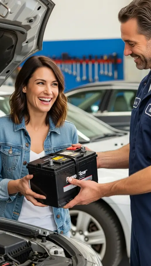 Total baterias, cliente satisfeita recebendo bateria de carro em mãos.