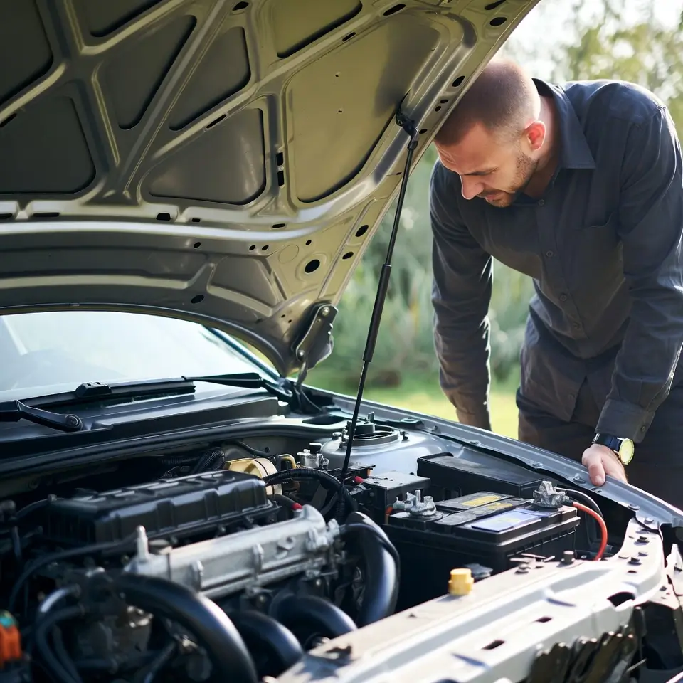 homem olhando para bateria de carro descarregada em Brasilia DF